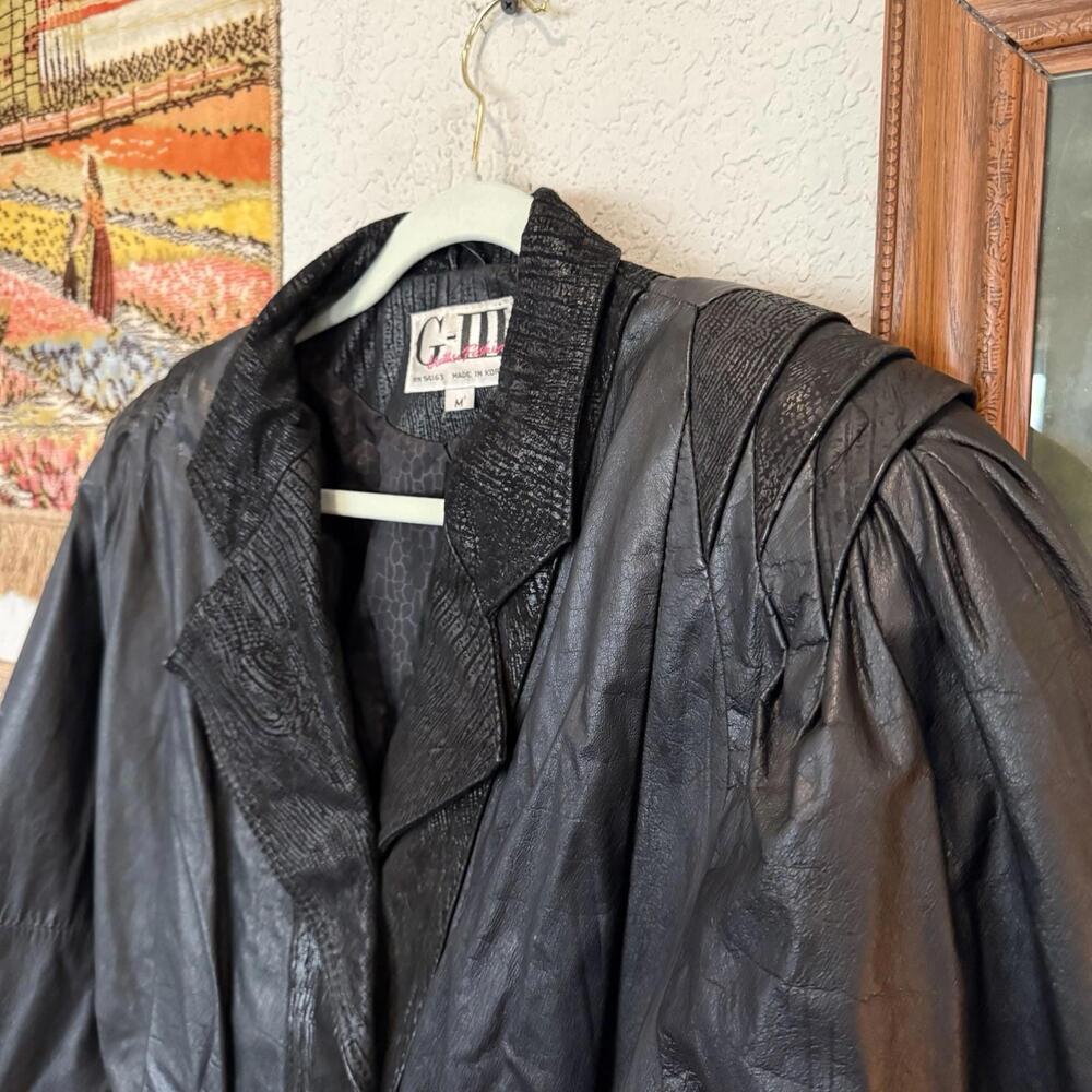 Vintage 80s Global Identity G-III Leather Bomber Black Cropped Designer Jacket M - Picture 3 of 6